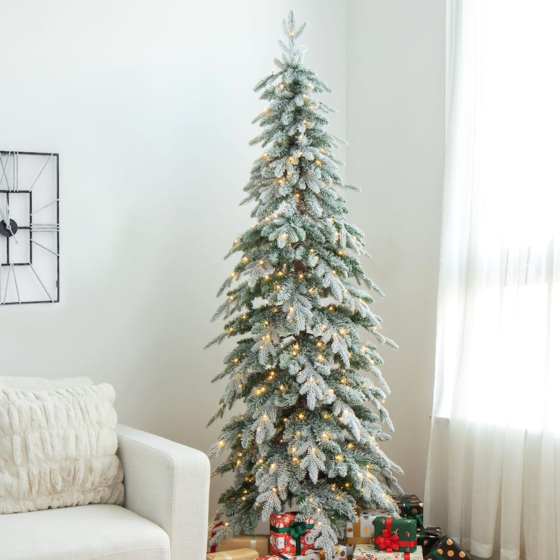 Glitzhome Pre-Lit Flocked Pencil Spruce Artificial Christmas Tree with Warm White Lights