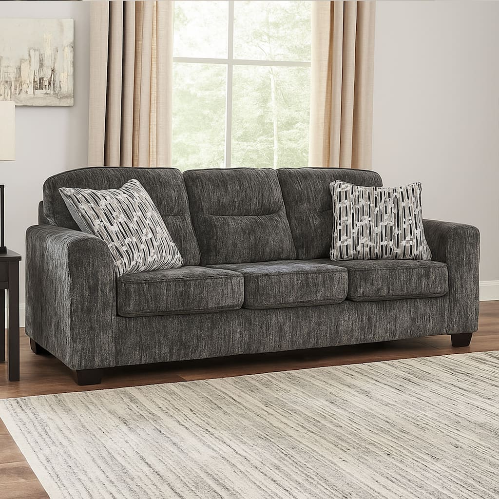 Layla Sofa, Extra Plush Dark Gray Polyester, 2 Accent Pillows, 90 Inch