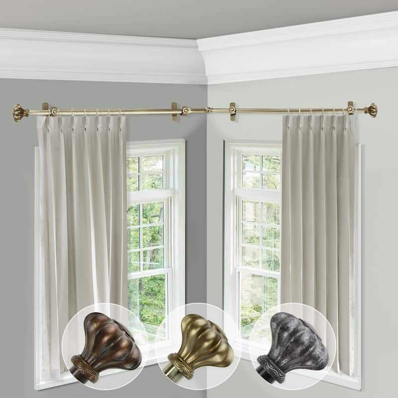 Antique Brass Curtain Rod - 66-120" Adjustable Corner Rod - Elegant Window Drapery Rod with Finials - M
