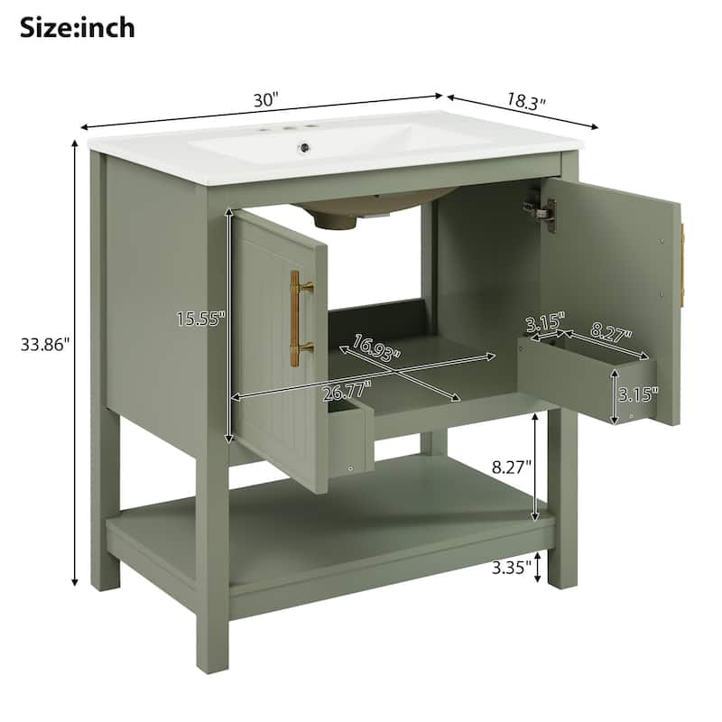 30-Inch Bathroom Vanity with Ceramic Sink, Gold Handles & Storage Shelves - Elegant Space-Saving Design