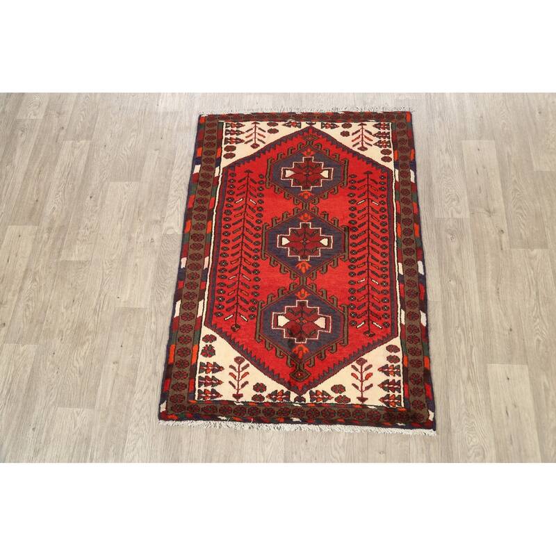 Geometric Persian Hamedan Area Rug Wool Handmade Foyer Carpet - 3'3" x 4'6"