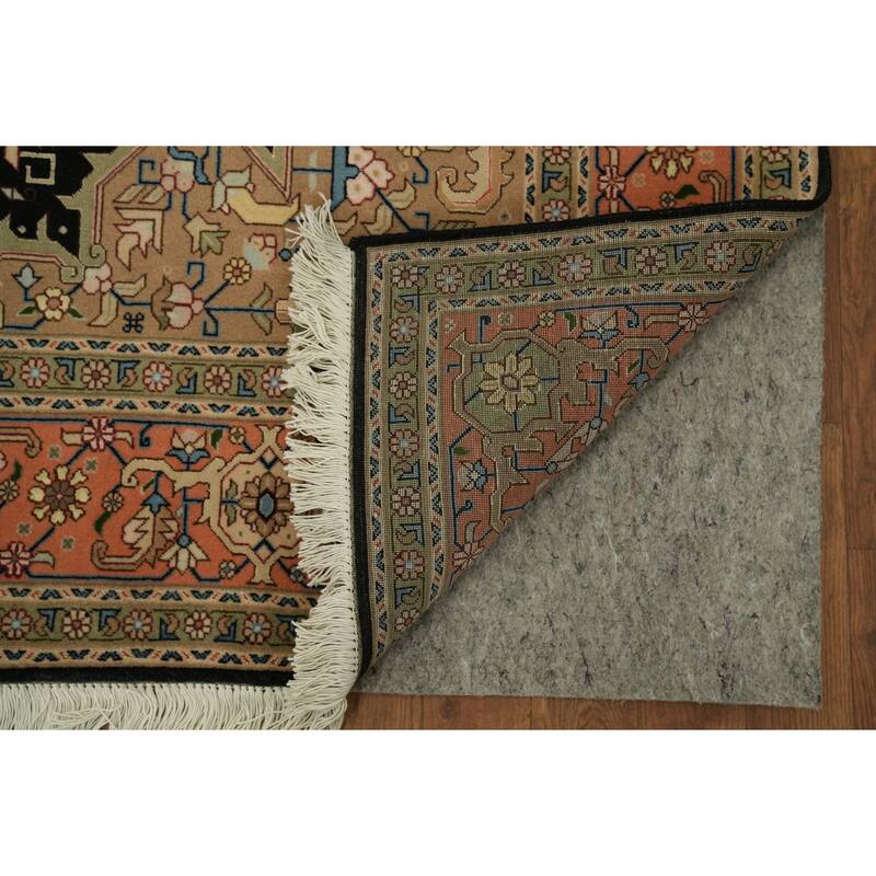 Hand Knotted Oriental Wool & Silk Carpet Traditional Geometric Navy Blue & Blues Tabriz Area Rug - 7' 0'' X 5' 1''