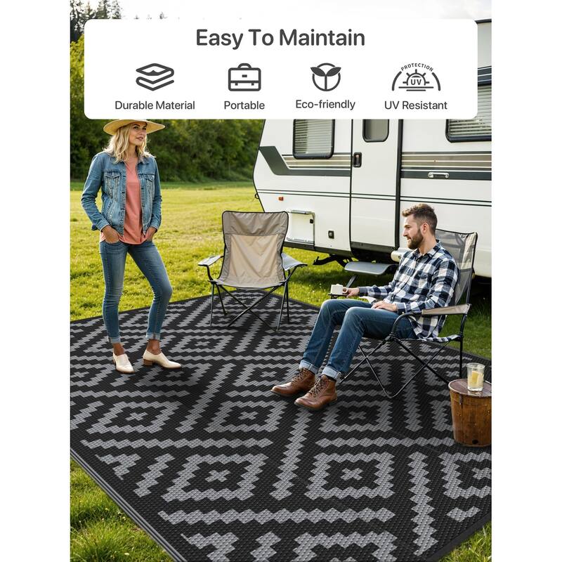 Reversible Charcoal Geometric Flat-Weave Recyclable Outdoor Rug - 9'X12' - Black Grey - Rectangle