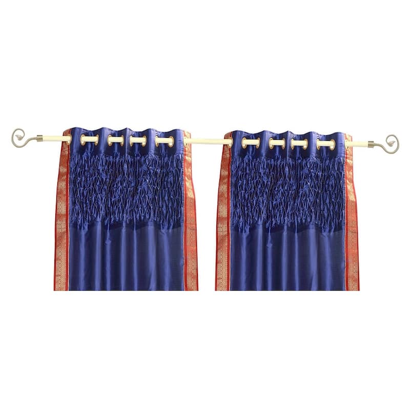 Blue Grommet Top Sheer Sari Curtain Panel with beaded hand design -Piece