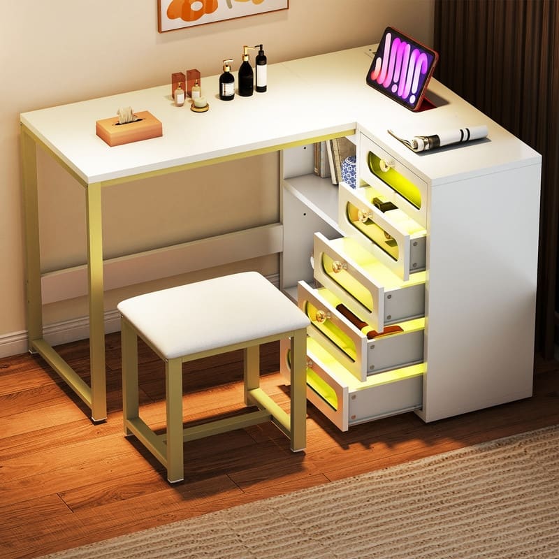 Moasis 5 Drawers L-Shape Nail Desk Set with Cushioned Stool and LED Light