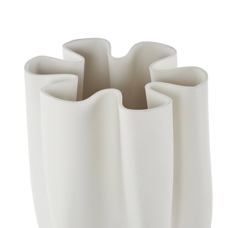 Ceramic Abstract Ribbed Dimensional Folded Decorative Vase with Floral Shaped Rim - White - Roche River Decor
