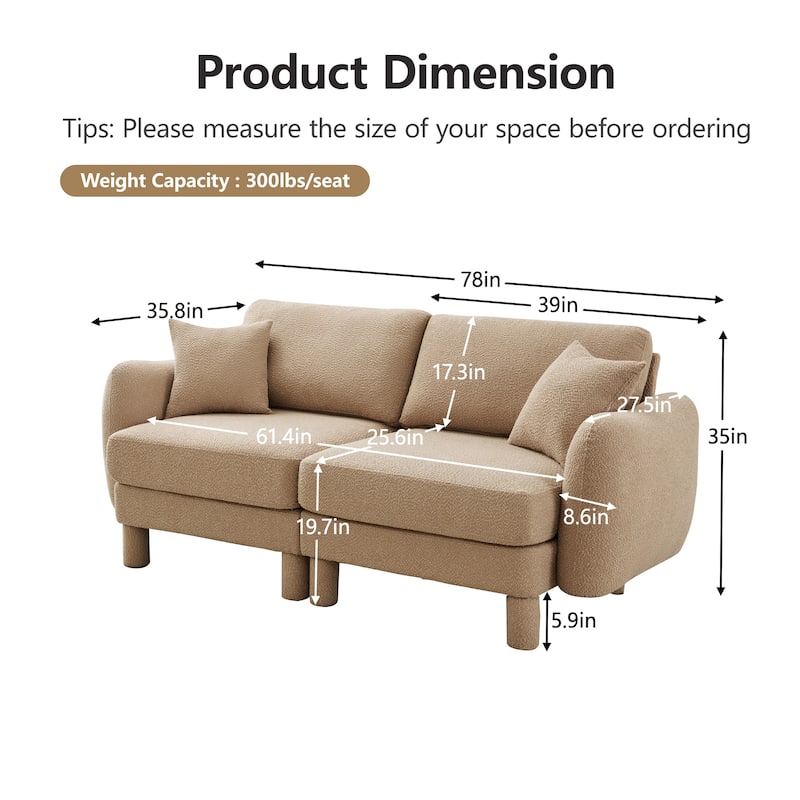 Loveseat Sofa, 78" 2-Seater Upholstered Couch Modern Sectional Couches with Shell-shaped Armrests for Living Room