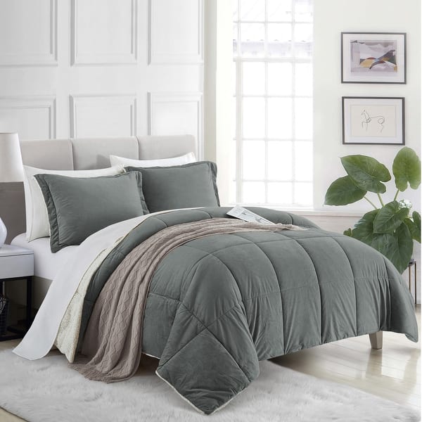 slide 2 of 5, 3-Piece Reversible Plush Sherpa Down Alternative Comforter Set Dark Gray - Queen