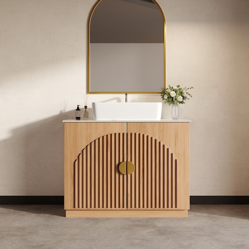 36" Mid - Century Modern Bathroom Vanity With Single Sink Grille Door & Gold Accents