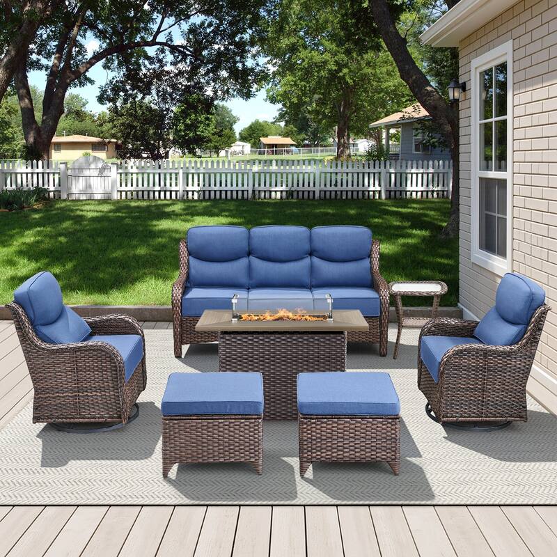 Meyreso 7-Piece Wicker Outdoor Patio Fire Pit Conversation Set with 6-Inch Thick Cushions - 7-Piece - Brown/Navy Blue