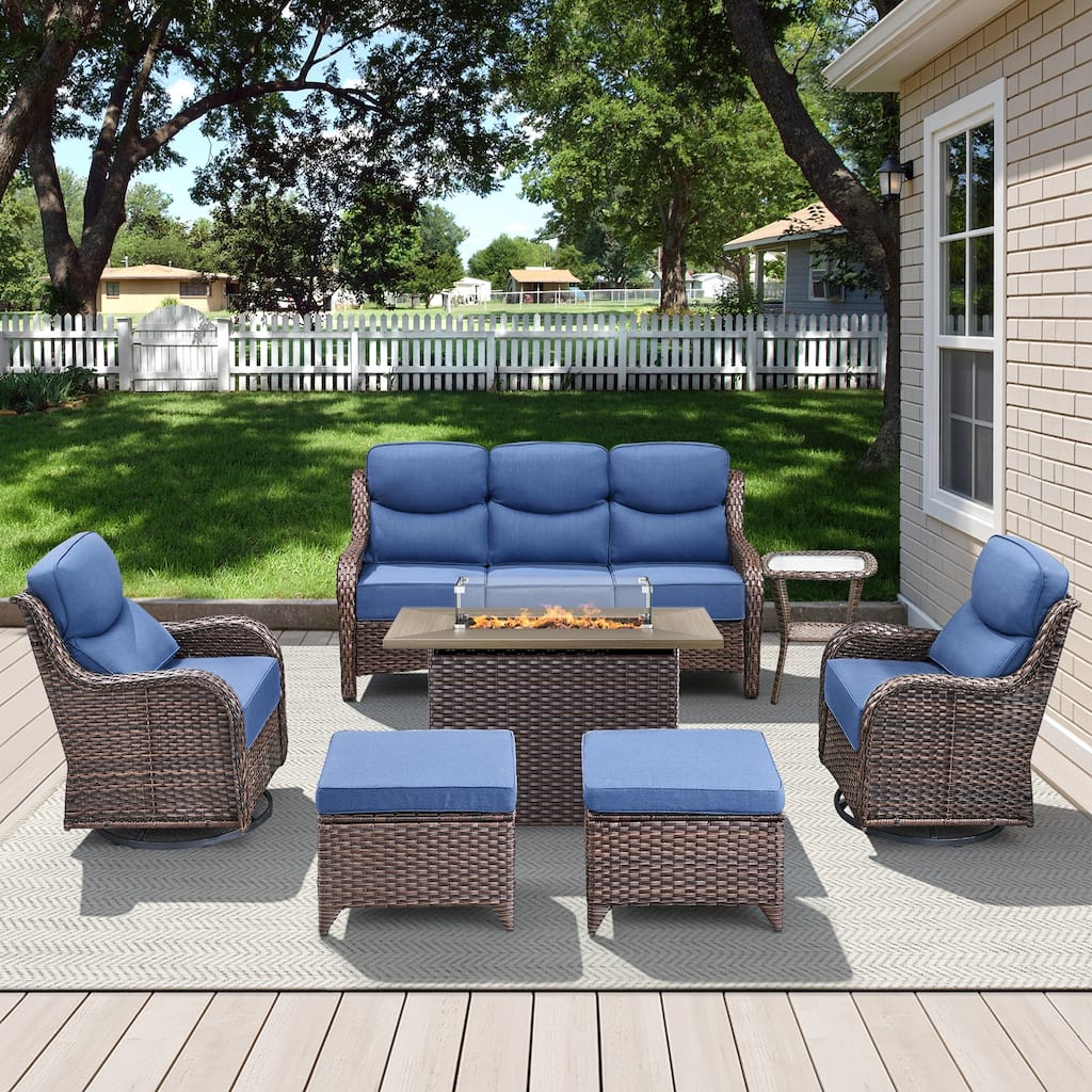 Meyreso 7-Piece Wicker Outdoor Patio Fire Pit Conversation Set with 6-Inch Thick Cushions