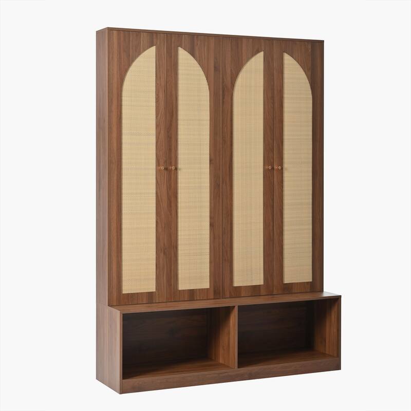 55.1" Wide Farmhouse Hall Tree - 4 Rattan Doors & 6-Hook Entryway Bench - Mid-Century 4-in-1 Shoe Cabinet with Adjustable Shelf