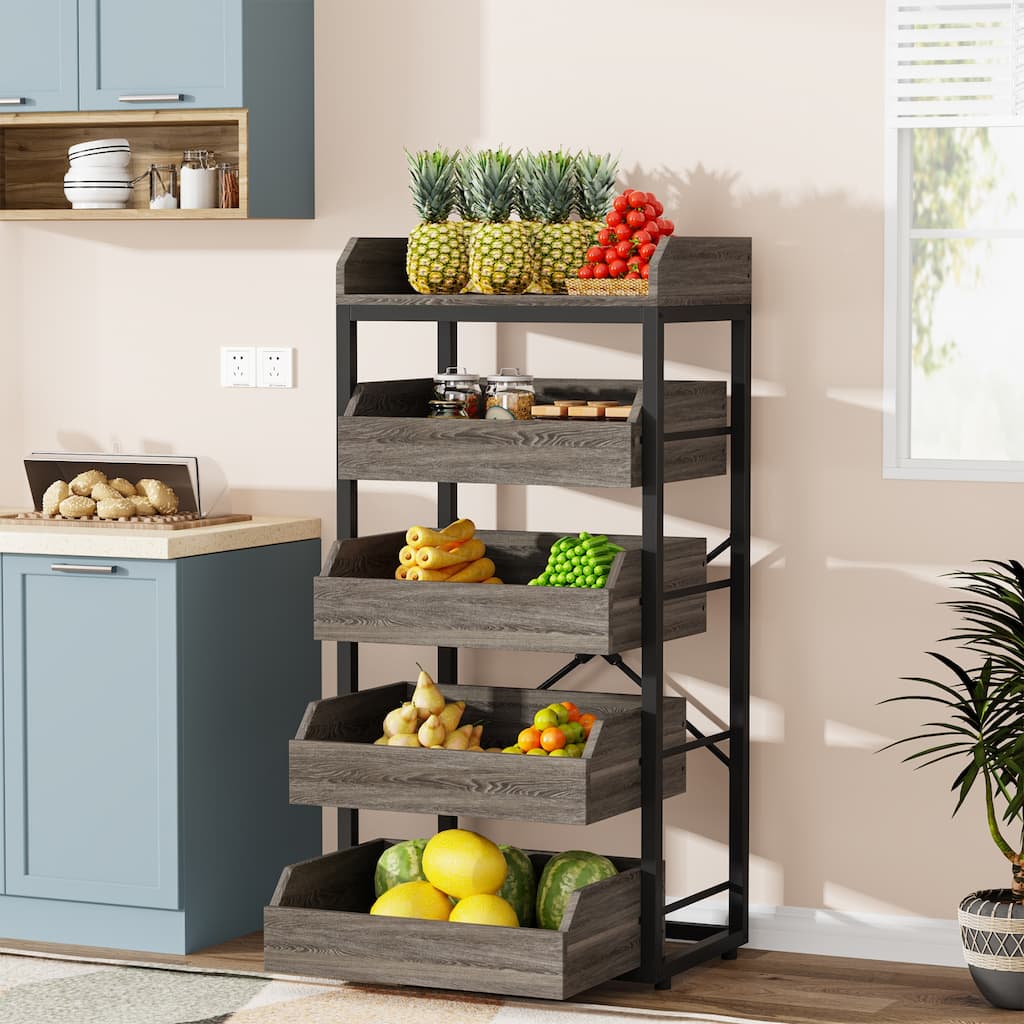 5-Tier Freestanding Wood Fruit Basket Stand, Vegetable and Fruit Storage Retail Display Rack Stand