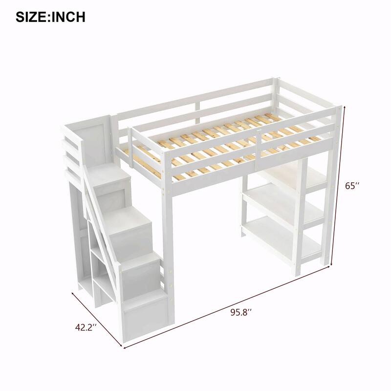 Loft Bed with Shelves, Storage Staircase, Small Wardrobe & White LED Light