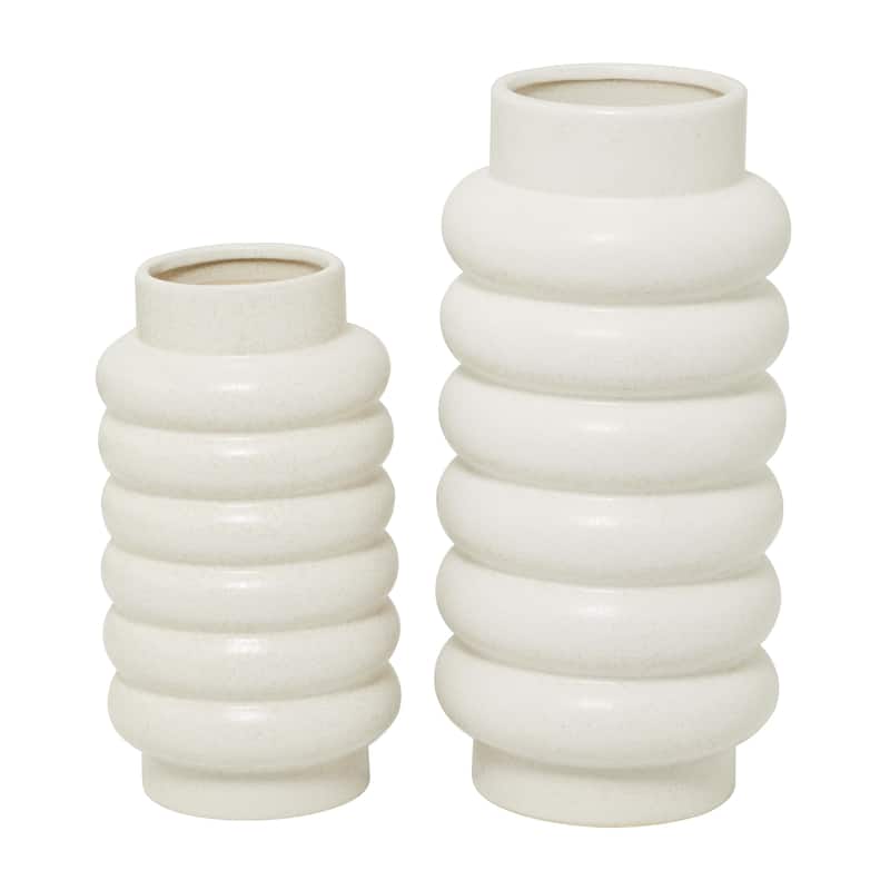 Ceramic Decorative Vase with Ring Ribbing - Set of 2 White, Yellow, Dark Blue - CosmoLiving by Cosmopolitan