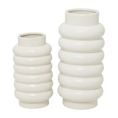 Ceramic Decorative Vase with Ring Ribbing - Set of 2 White, Yellow, Dark Blue - CosmoLiving by Cosmopolitan
