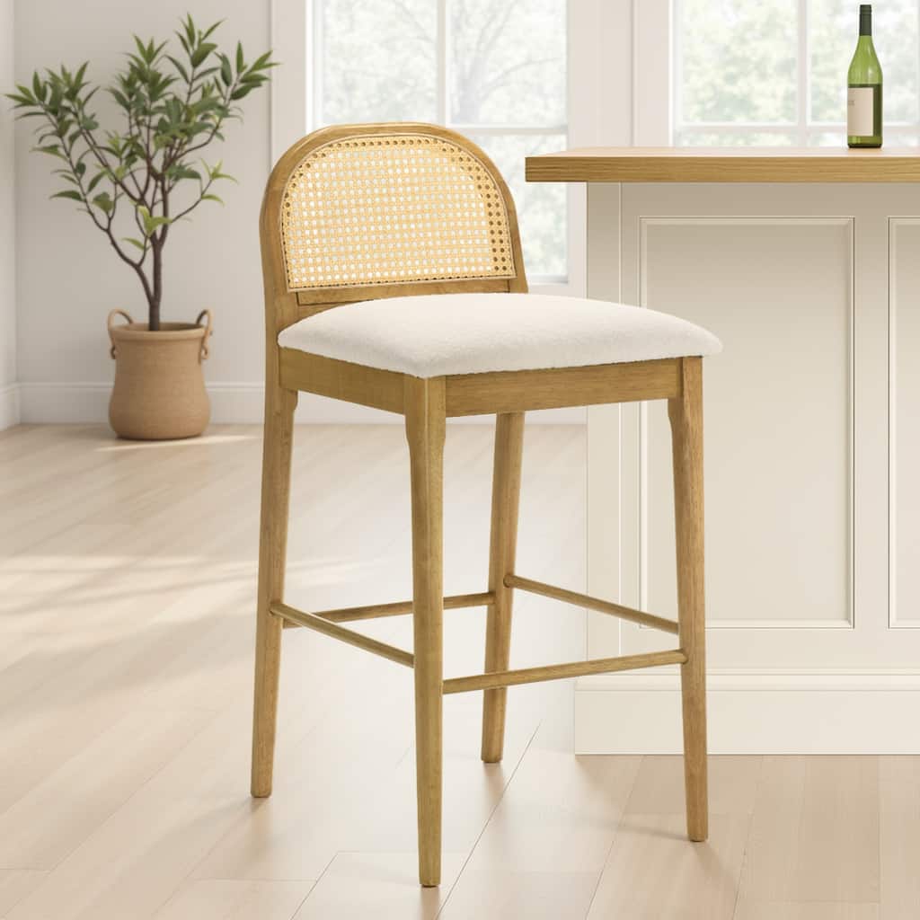 Lucio Modern Farmhouse Wood Counter Height Kitchen Bar Stool with White Boucle Fabric Upholstered Seat