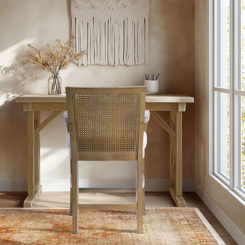 Madison Park Diedra Reclaimed Wood Counter Stool with Natural Rattan Back and Upholstered Seat