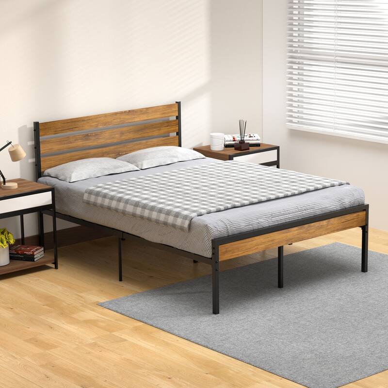 Bed Frame With Wood Headboard Supported By Metal Slats
