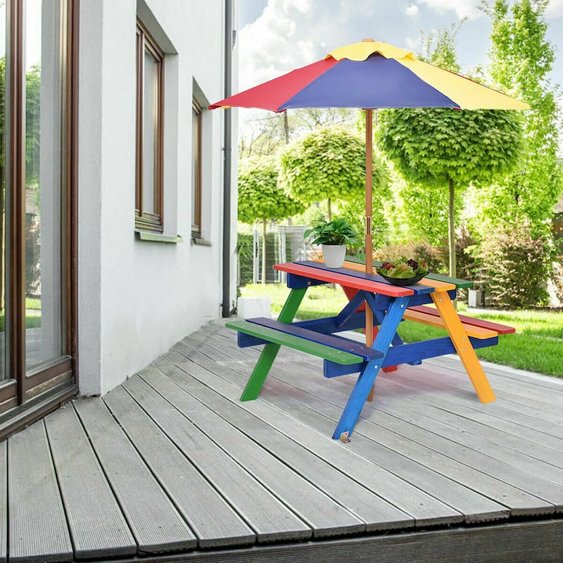Costway 4 Seat Kids Picnic Table w/Umbrella Garden Yard Folding