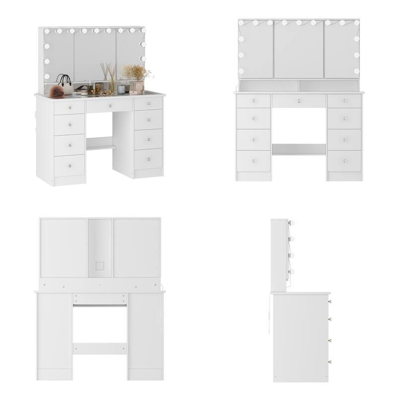 Glass Top Soft-Close Adjustable Lighting Vanity Dresser Vanity Makeup Table Dressing Table