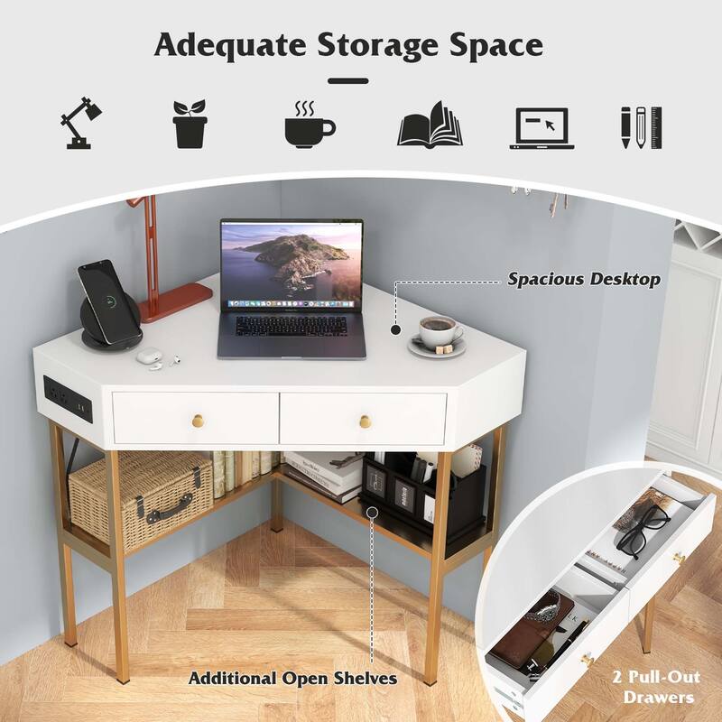 Costway Corner Desk with Built-in Charging Station Storage Drawers &