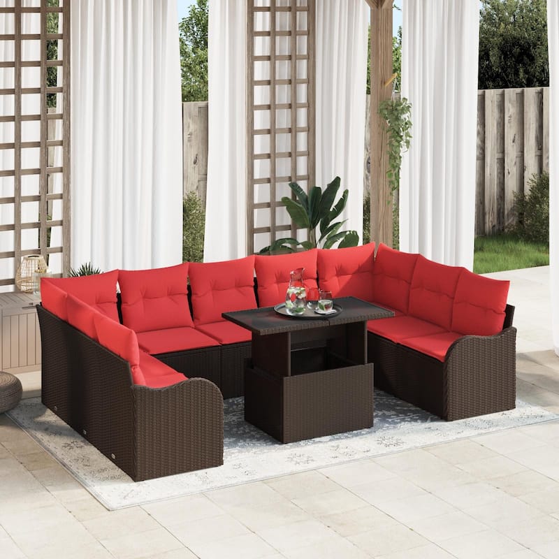 vidaXL 10 Garden Sofa Set with Cushions Black/Brown/Grey Poly Rattan - 113.8 x 70 x 27.2 - Brown
