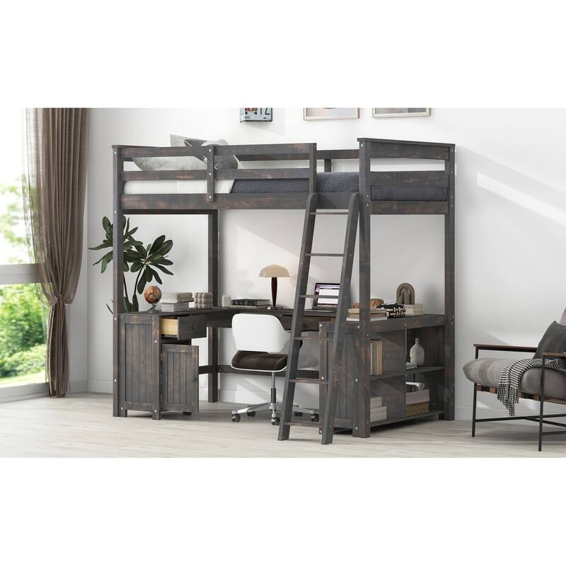 Full Size Loft Bed with U-shaped Desk, Drawers, and Storage Shelves in Antique Brown