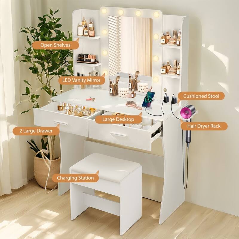 Modern Vanity Desk with Mirror and Lights and 2 Drawers、6 Storage Shelves for Bedroom