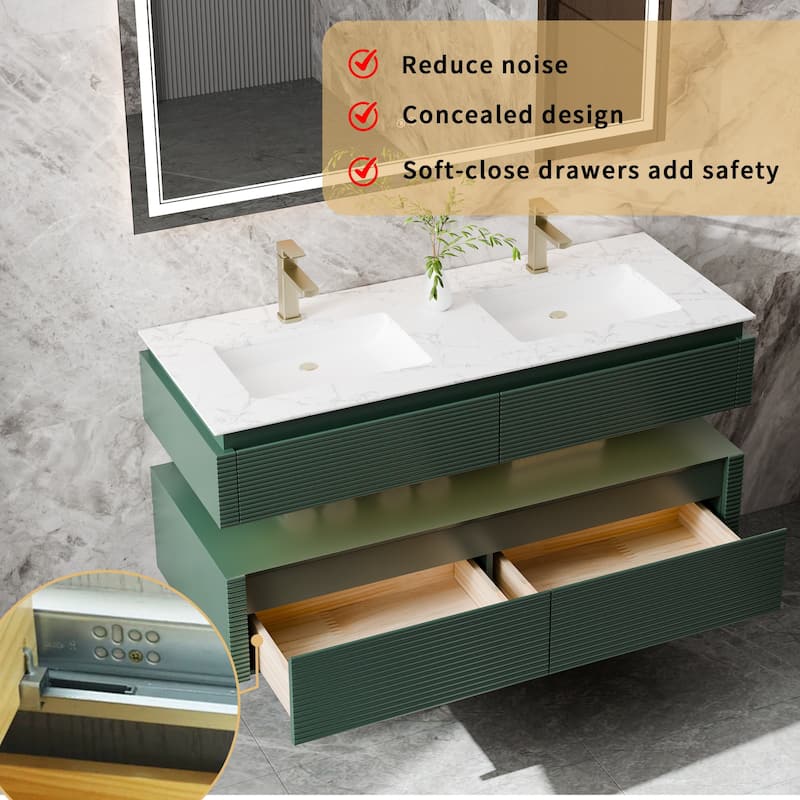 Modland 48" Modern Wall-Mounted Double Sink Bathroom Vanity with Engineered Stone Countertop,LED Light