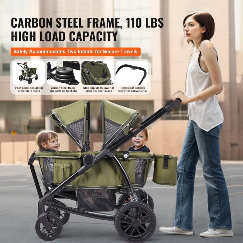 Carbon Steel All-Terrain Stroller Wagon Foldable Twin with Canopy and Tray - 47.2” L x 27.2” W x 42.1” H