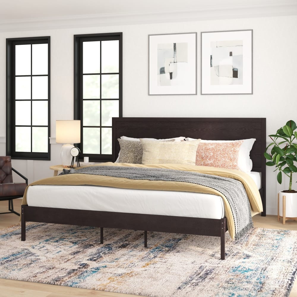 Solid Wood Platform Bed with Headboard and Wooden Slats