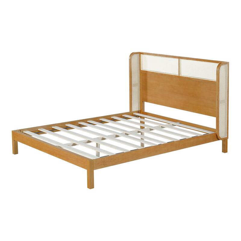 Natural Rubber Wood Bed Low-Profile Platform Wingback Bed Frame with Wood Slat Support Center Support Legs for Bedroom Apartment