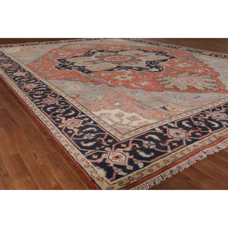 Geometric Heriz Serapi Area Rug Hand-Knotted Orange Wool Carpet - 9'11" x 13'3" - 9'11" x 13'3" - Orange
