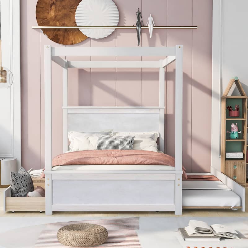 Full Size Canopy Bed with Trundle Wood Platform Bed Frame and 2 Drawers Upholstered Bed, Storage Bed with Support Slats - White