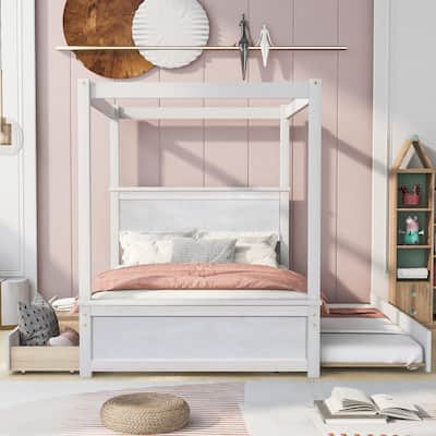Full Size Four Poster Bed with Trundle and 2 Drawers, Wooden Canopy Bed with Brushed Finish, Built-in Headboard and Footboard