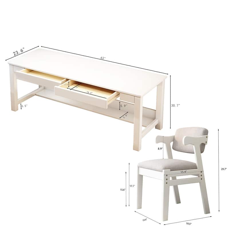 Wooden Desk and Chair Set, Extra Long Computer Desk 2 Person Desk, Double Office Desk