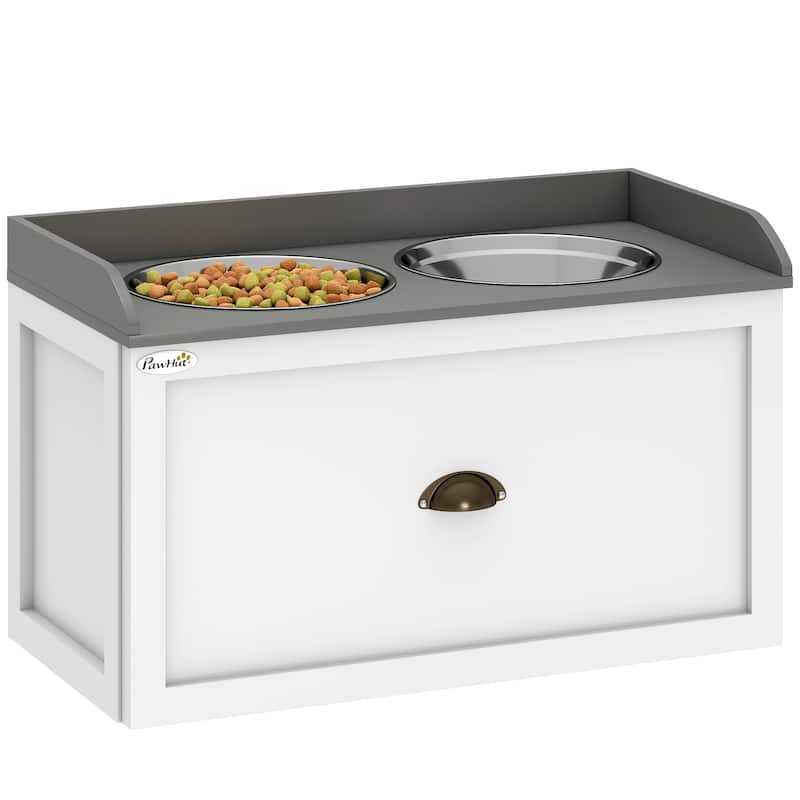 PawHut Dog Feeding Station with Storage Drawer, Removable Elevated Dog Bowls for Large Sized Dogs, White and Black