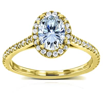 Annello by Kobelli 14k Yellow Gold 1 1/5ct TGW Oval Moissanite and Diamond Halo Delicate Engagement Ring
