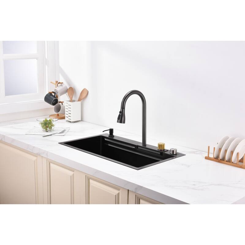 Black 30 Inch Single Bowl Stainless Steel Base Kitchen Sink with Pull-Out Faucet, Cutting Board, Nested Basin - Black