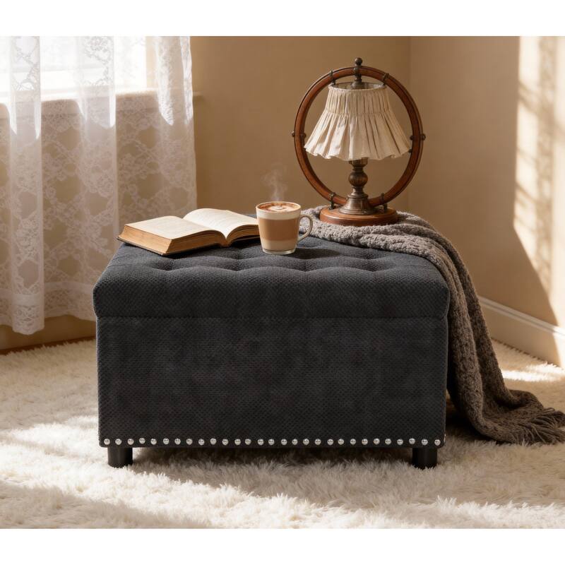 Storage Ottoman,Tufted Footstool, Nailhead Trim Ottoman, Square Storage Ottoman, Upholstered Coffee Table, Bedroom Storage