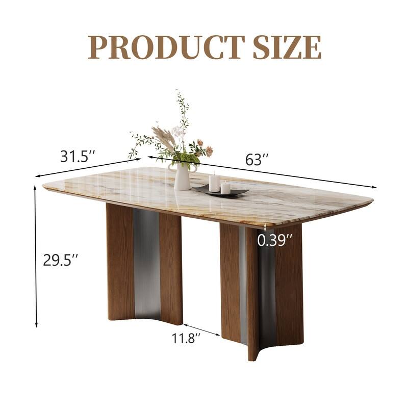 63" Modern Faux Marble Dining Table, Luxury Rectangular Kitchen Table with Wood & Metal Base, Seats 4-6