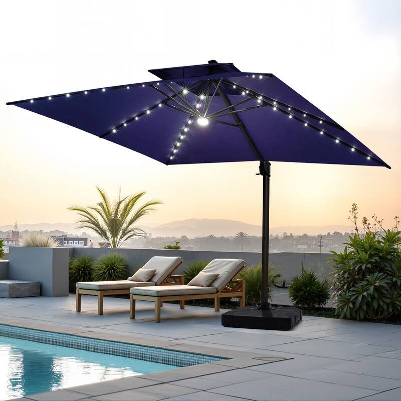 VredHom 11X11 FT Outdoor Aluminum Square Cantilever Patio Umbrella Solar LED Light with Weights Base - NavyBlue