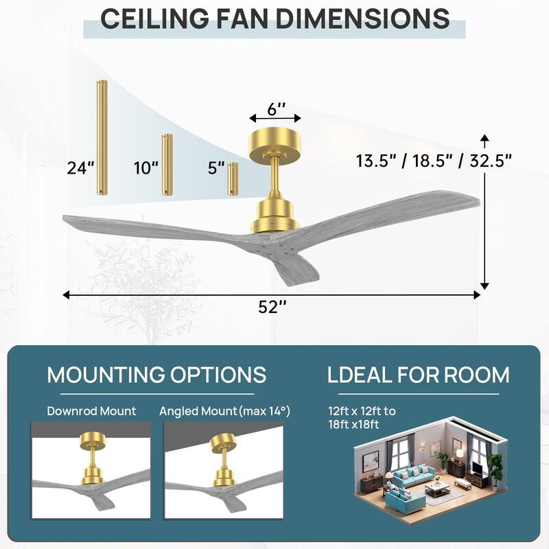 Sofucor 52 Inch Ceiling Fan without Light Solid Wood,with Remote,Smart Optional-Alexa/Google Assistant/APP/Remote Control