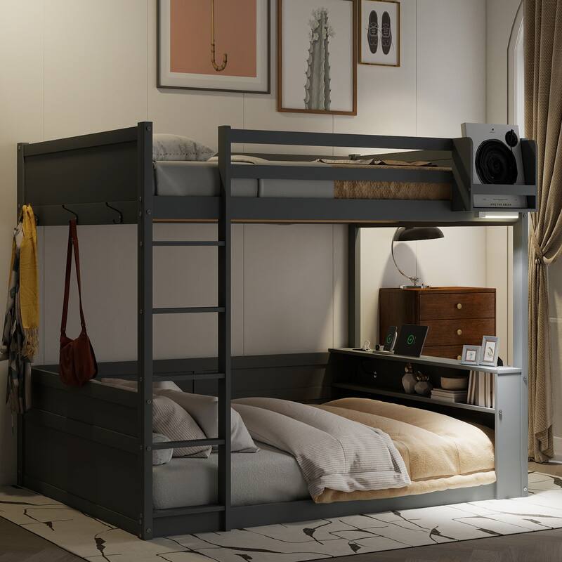 Queen Size Pinewood Bunk Bed with Built-in Shelves, Storage Box, LED Lights and USB Charging Station