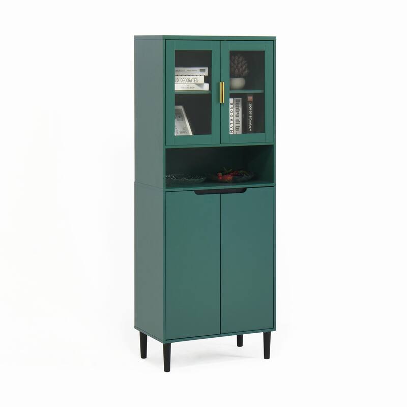 Tall Kitchen Pantry Cabinet with 2 Glass Display Doors & 2 Solid Doors - Green