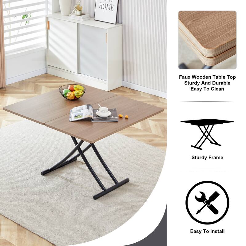 Roomfitters Multifunctional Lifting Table with Wood Grain Surface, Adjustable Coffee Dining Desk with Metal Legs, Natural
