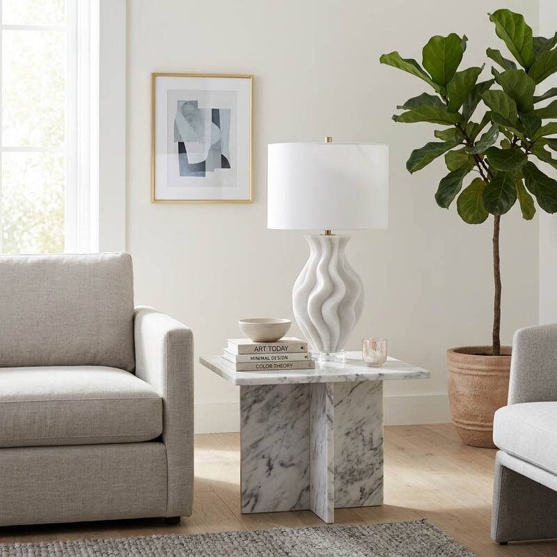 Stone Quartz Table Lamp Wavy Textured Base Fabric Shade - 29" White - 16" x 16" x 29" - 16" x 16" x 29" - White