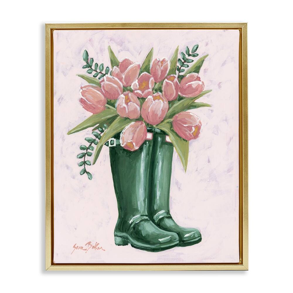 Stupell Pink Tulips in Boots Framed Floater Canvas Wall Art Design By Sara Baker