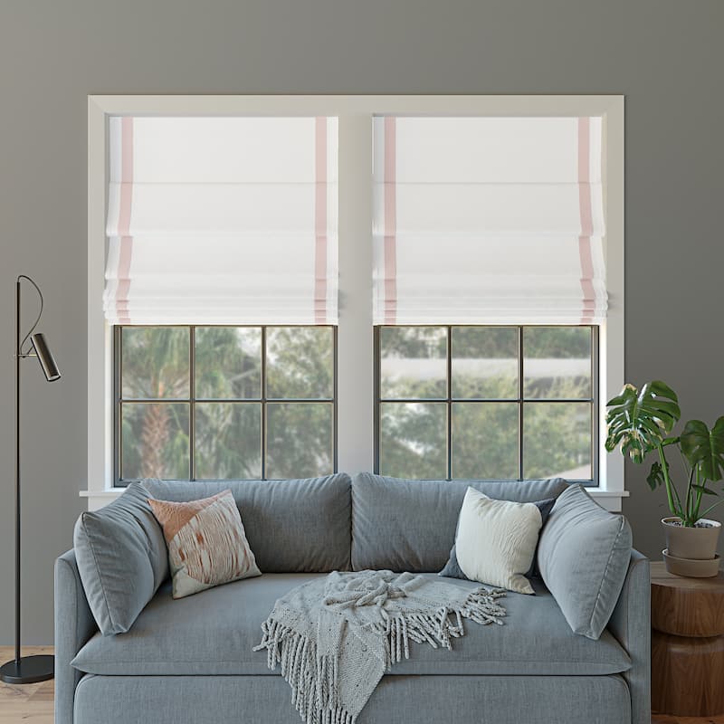 Sun Zero Hailey Pink Ribbon Border Total Blackout Cordless Roman Shade